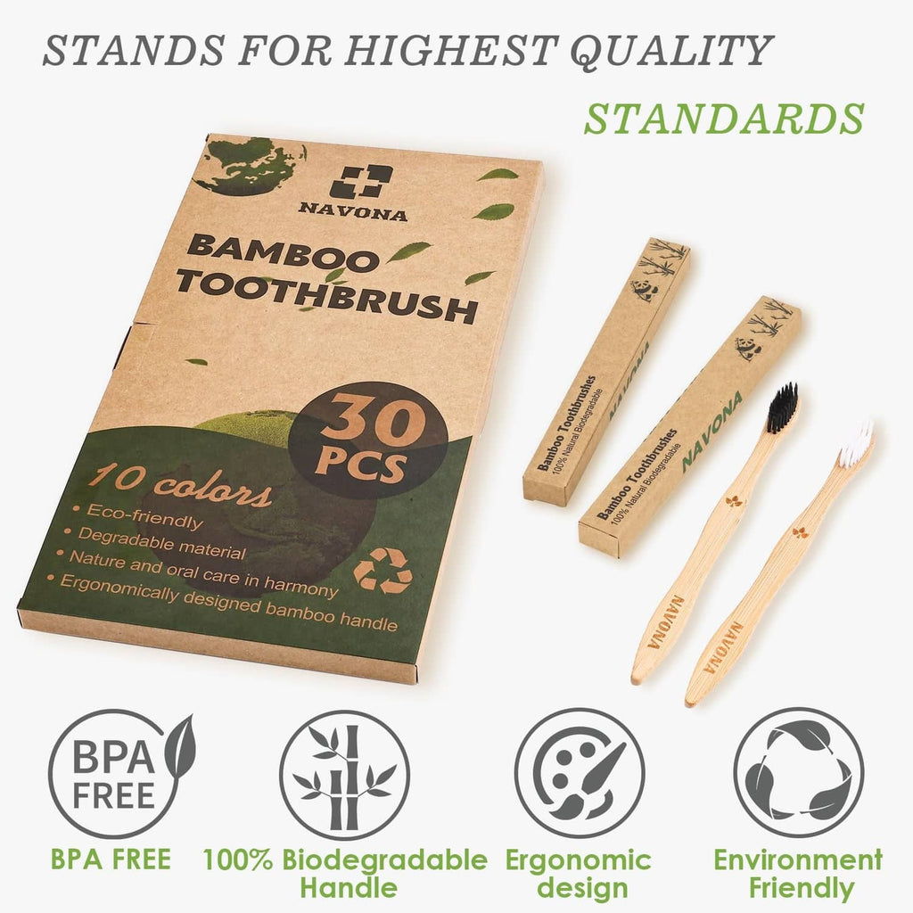 Navona bamboo toothbrush 30-pack box with bamboo-handled toothbrushes and bristles