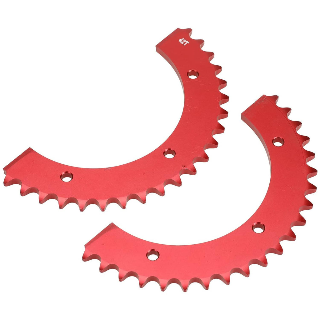 Two red 42T split sprocket halves with teeth and mounting holes