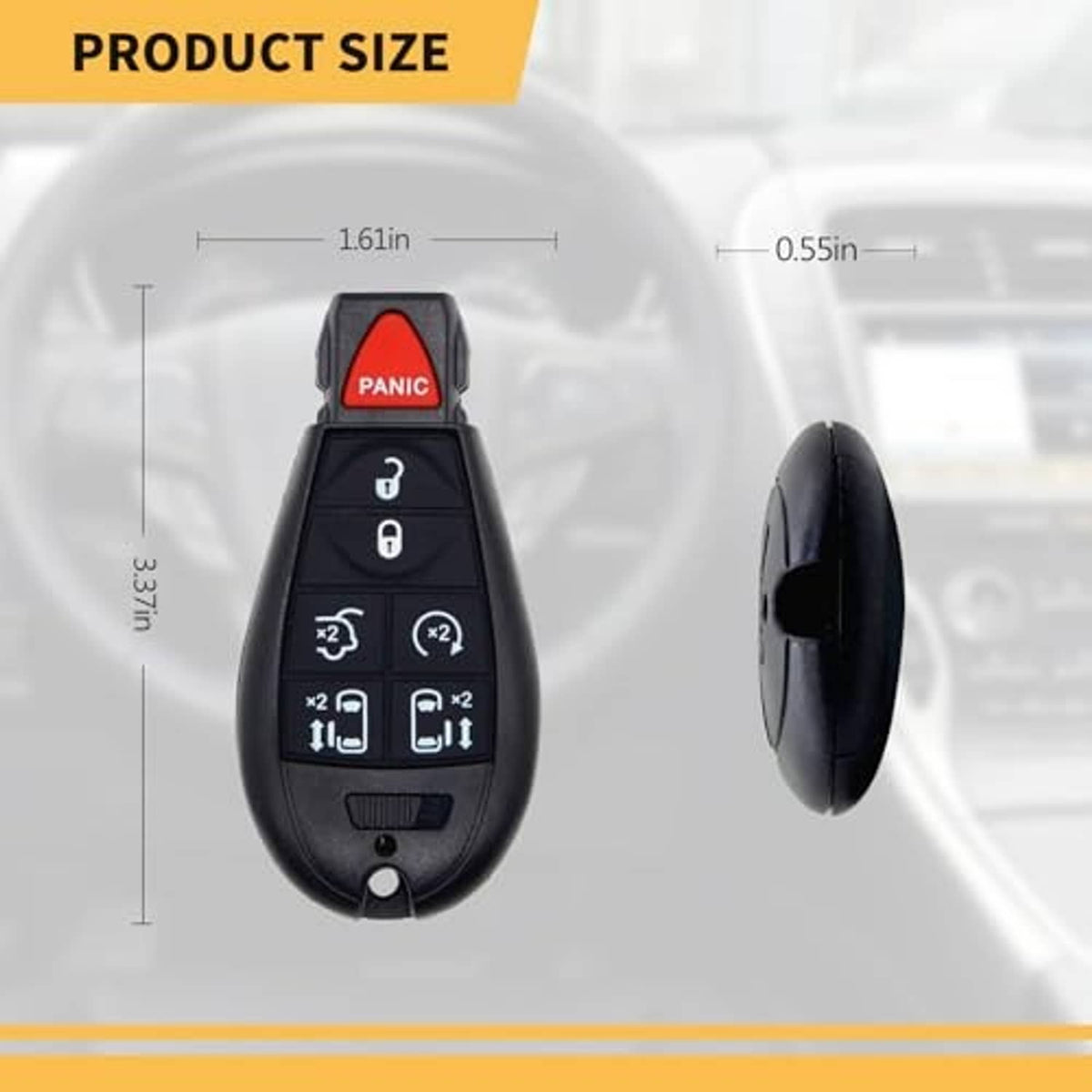 Black key fob replacement, front and side views with red PANIC button and 7 buttons