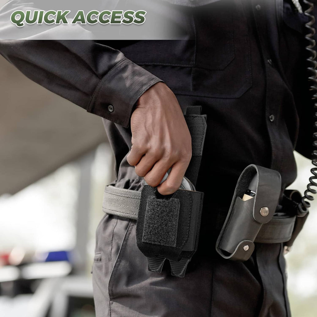 Black handcuff pouch on duty belt with textured grip cover and open cuff opening