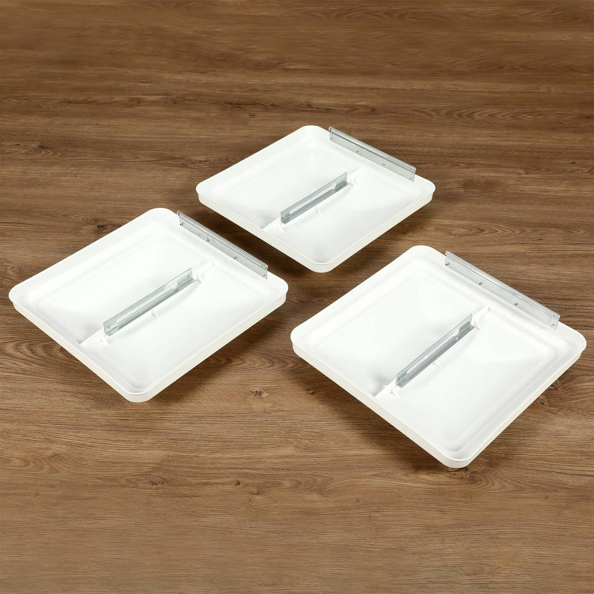 Set of 3 white RV roof vent covers with hinged louvered airflow panels