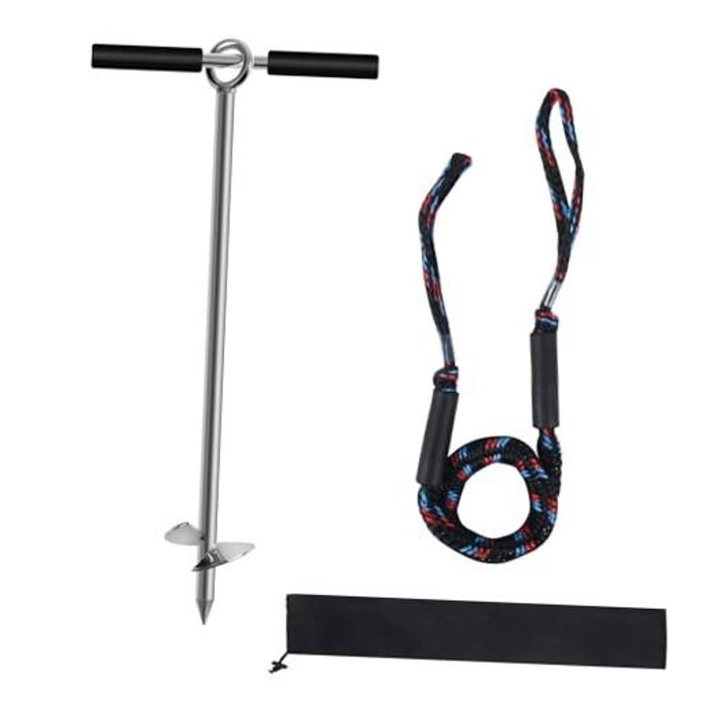 Stainless steel sand anchor with screw tip, black grip handles, and braided rope loop