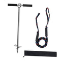 Stainless steel sand anchor with screw tip, black grip handles, and braided rope loop