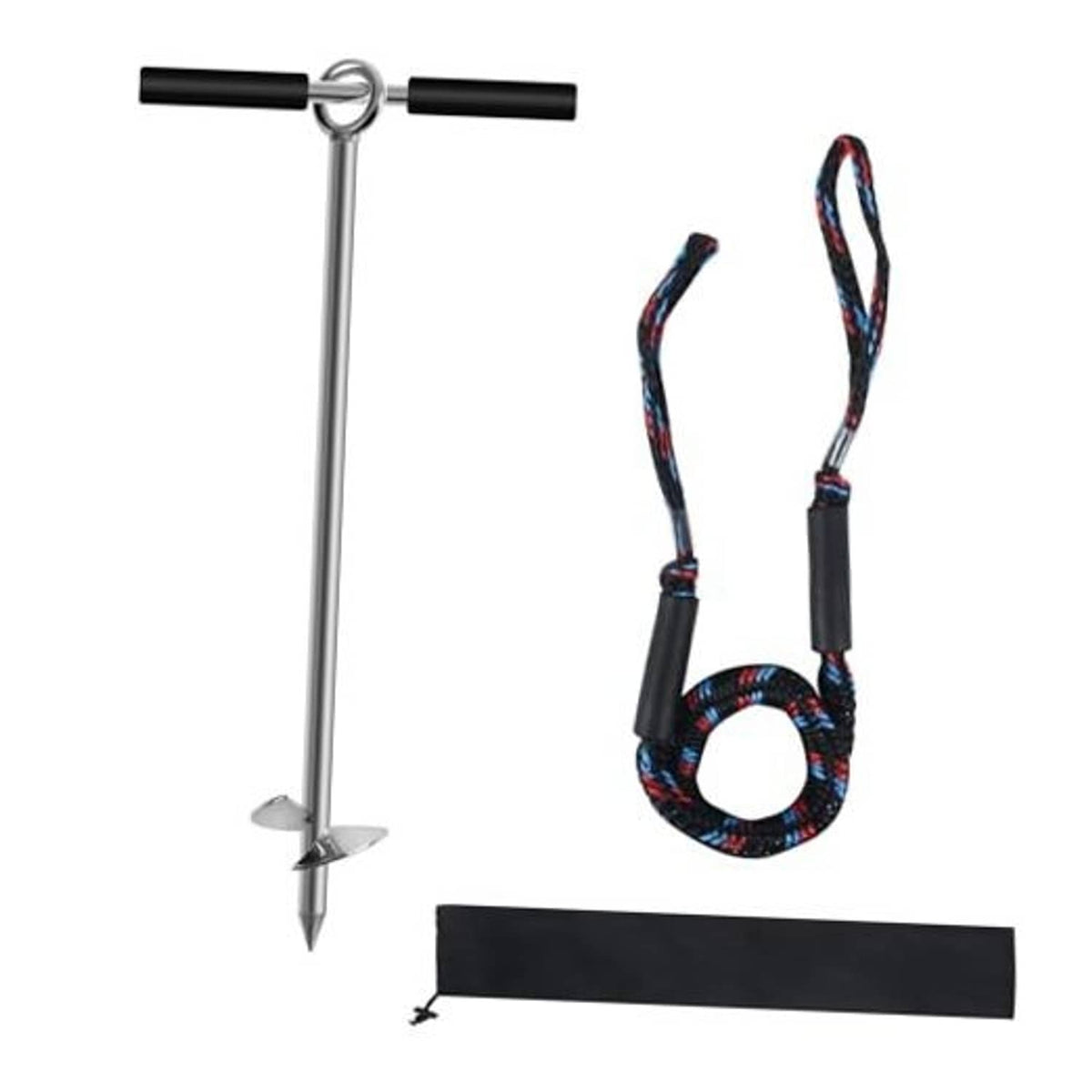 Stainless steel sand anchor with screw tip, black grip handles, and braided rope loop