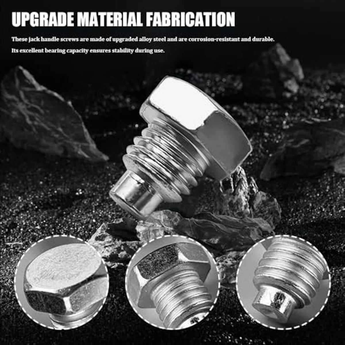 Three silver hex-head threaded jack bolts with icy, water-like splash detail