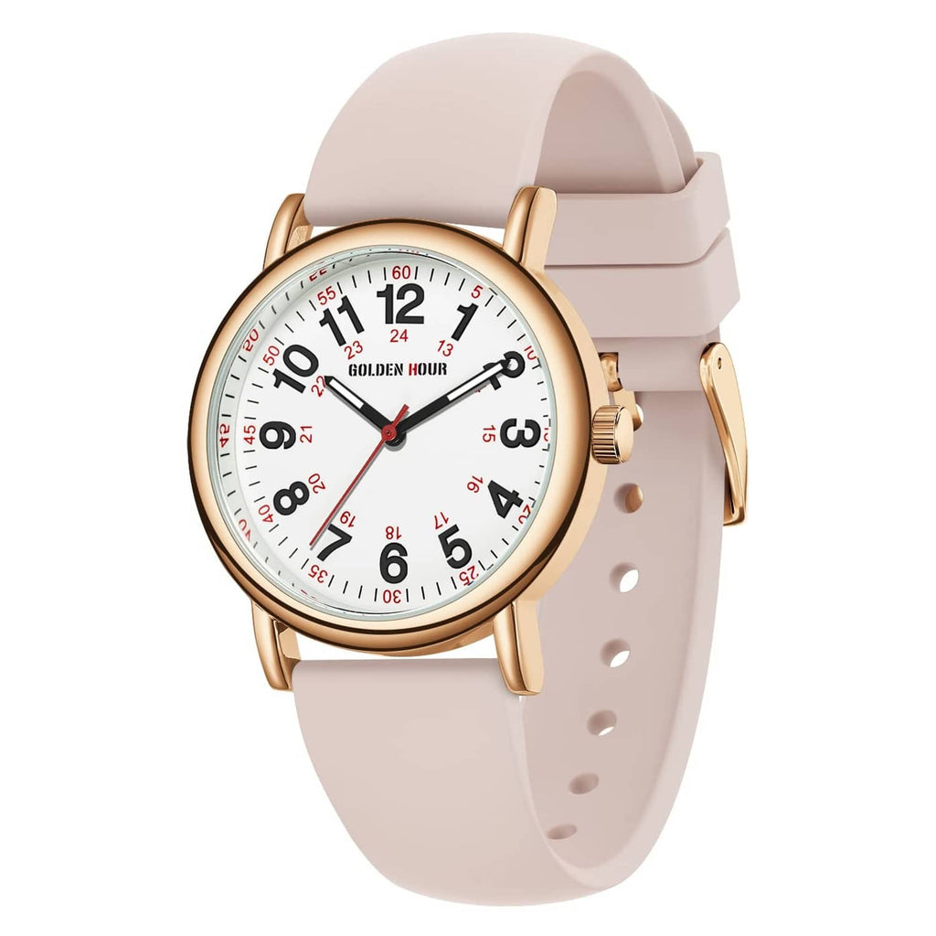 Rose gold-tone nurse watch with white dial, red accents, and blush silicone strap