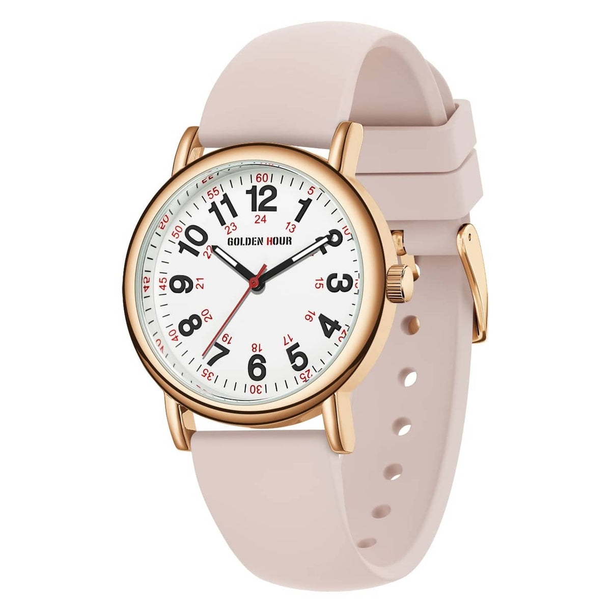 Rose gold-tone nurse watch with white dial, red accents, and blush silicone strap