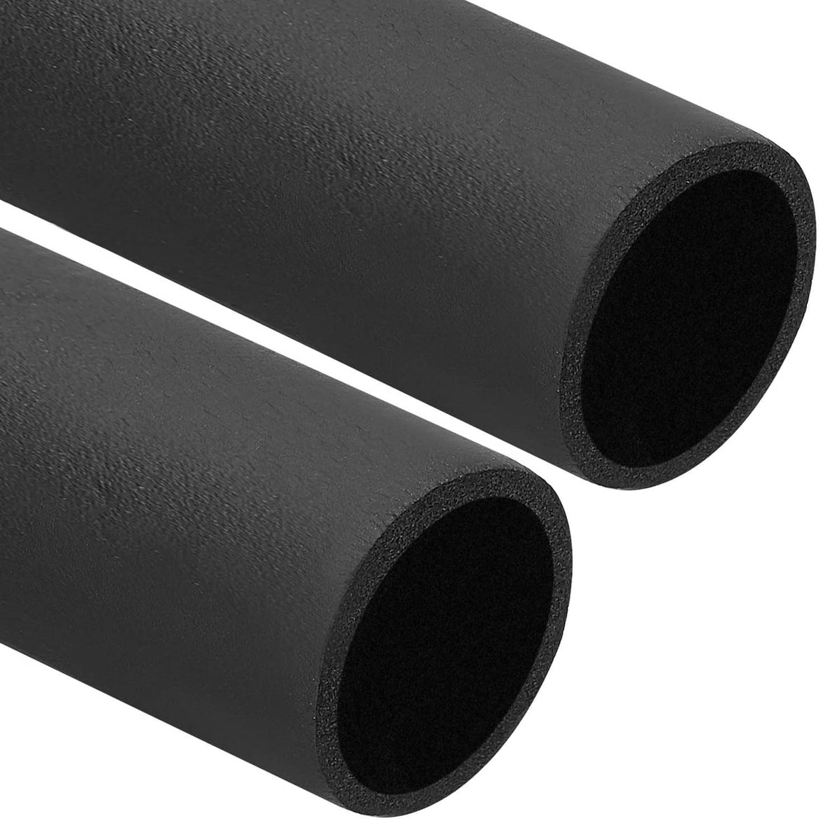 Black pipe insulation foam tubes, close-up of two cylinder ends
