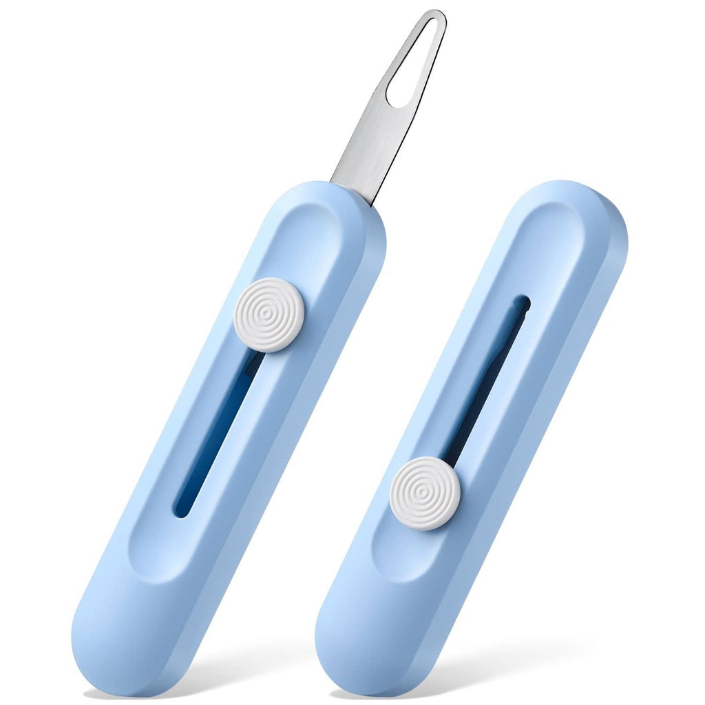 Set of two blue needle threaders with retractable-looking needle channel on handles.