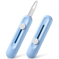 Set of two blue needle threaders with retractable-looking needle channel on handles.