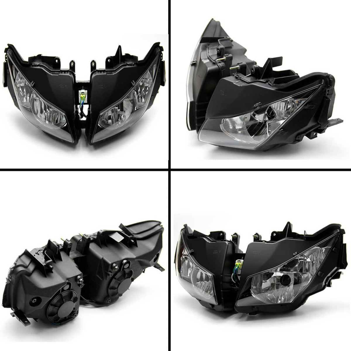 Black headlight housing and bracket stay set shown from multiple angles