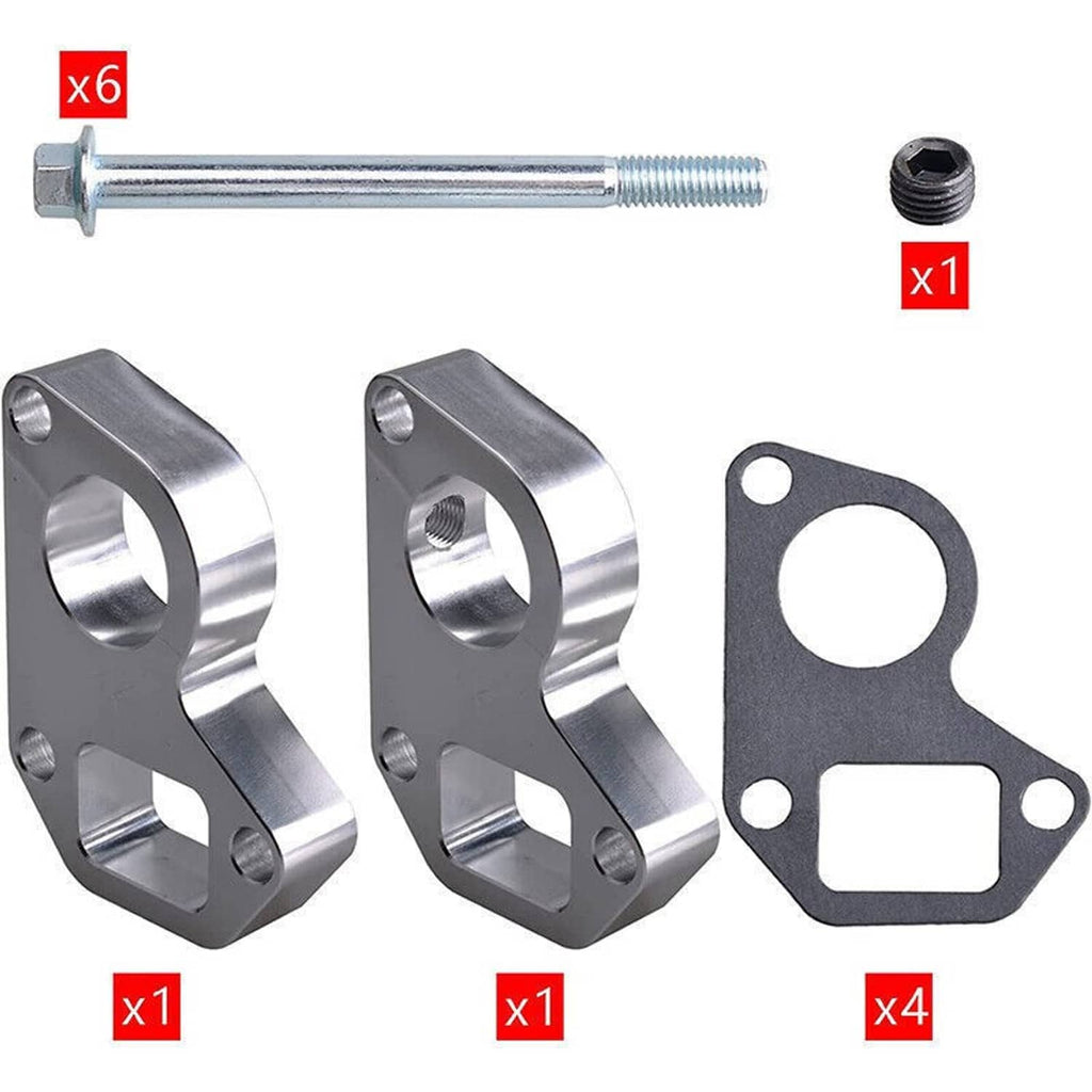 Two silver water pump spacers with black gasket, mounting bolts and hex nut