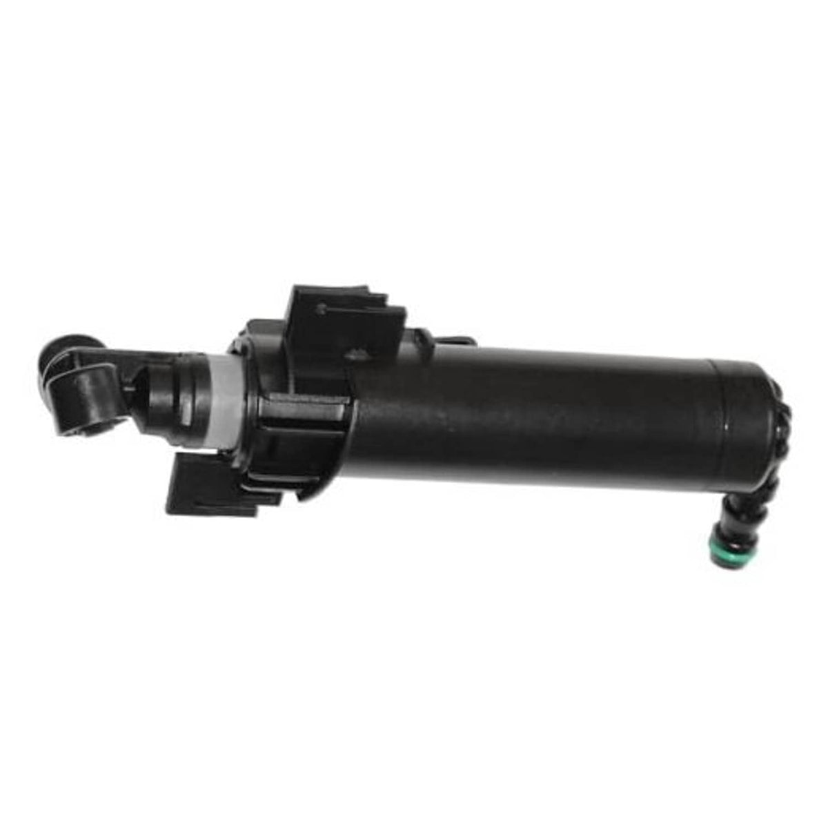 Black headlamp washer nozzle jet sprayer with hose outlet and green connector