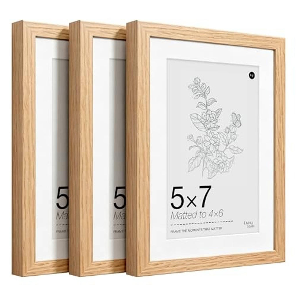 Three-pack 5x7 solid oak picture frames with white mat and real glass front