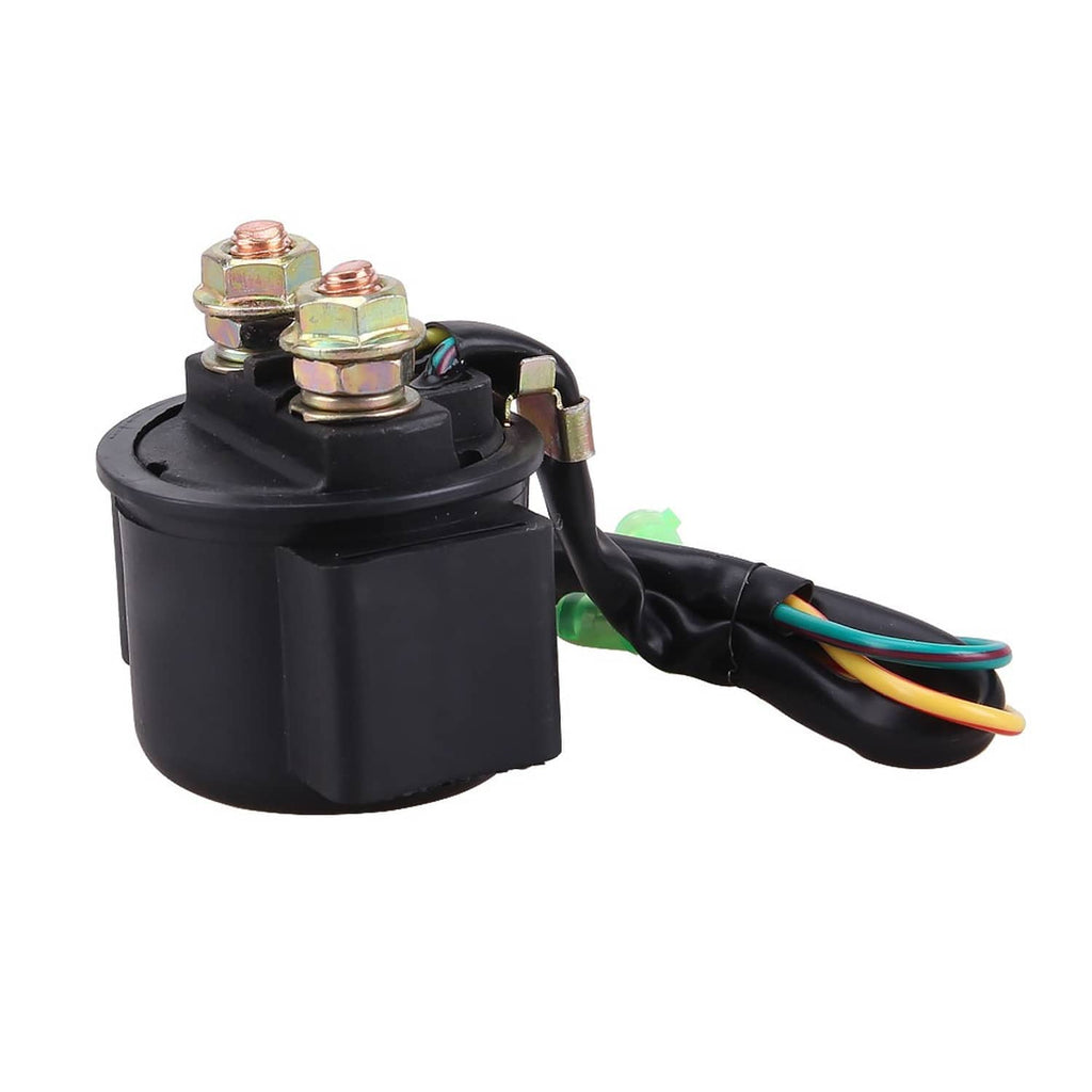 Starter relay solenoid with black plastic body, dual mounting posts, and wire leads.