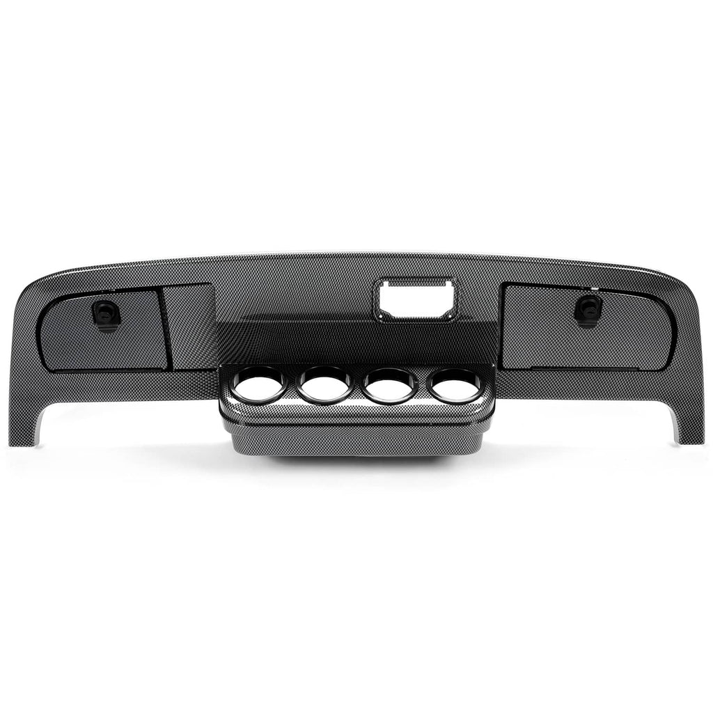 Dark gray carbon-fiber dash cover with center mount and four round gauge openings