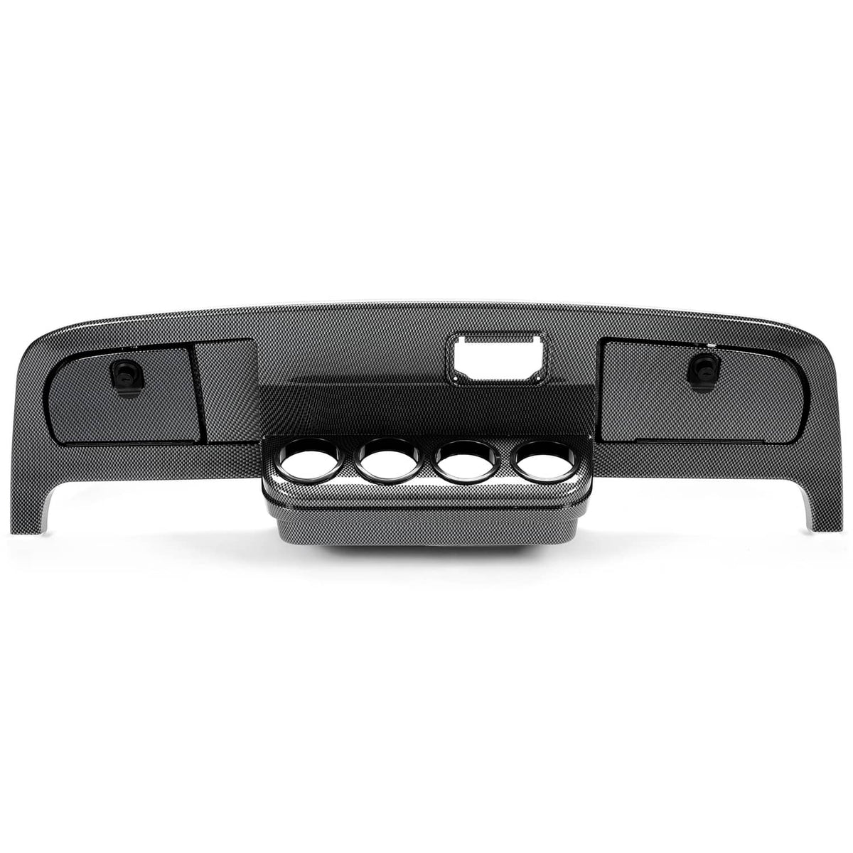 Dark gray carbon-fiber dash cover with center mount and four round gauge openings