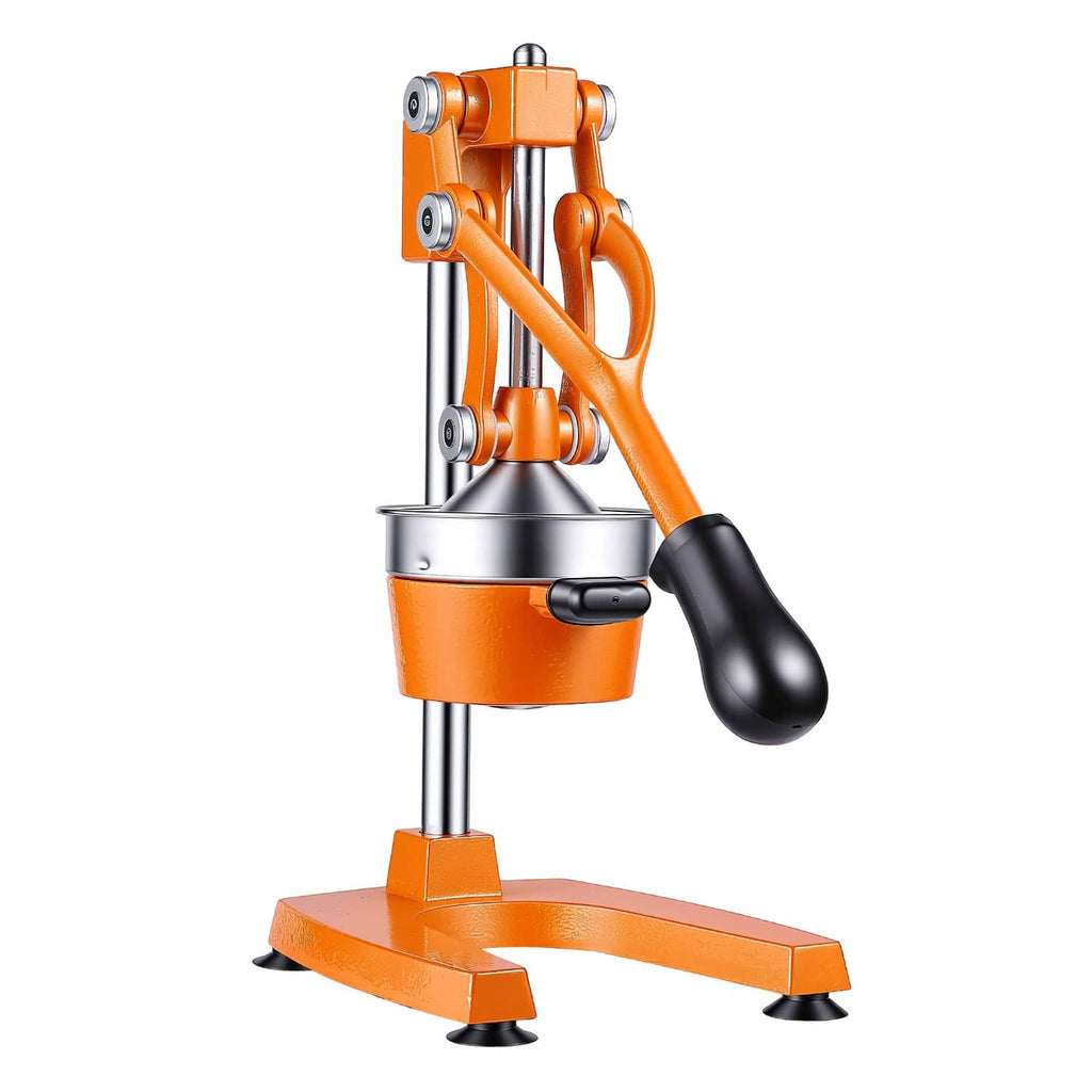 Orange manual citrus press juicer side view with stainless cone and black lever grip