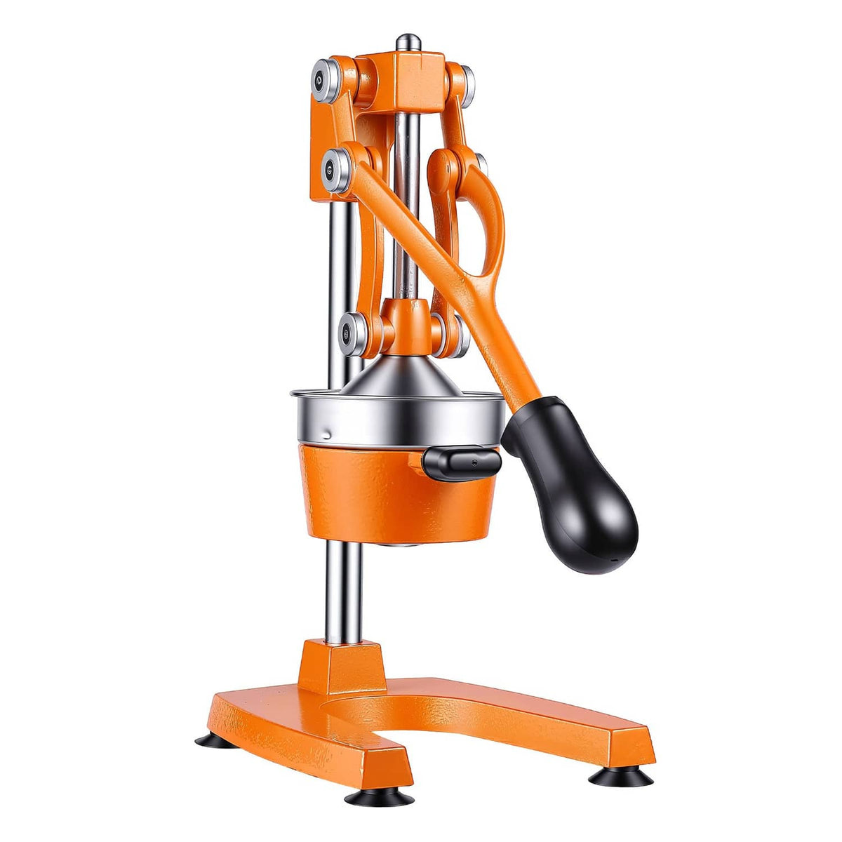 Orange manual citrus press juicer side view with stainless cone and black lever grip