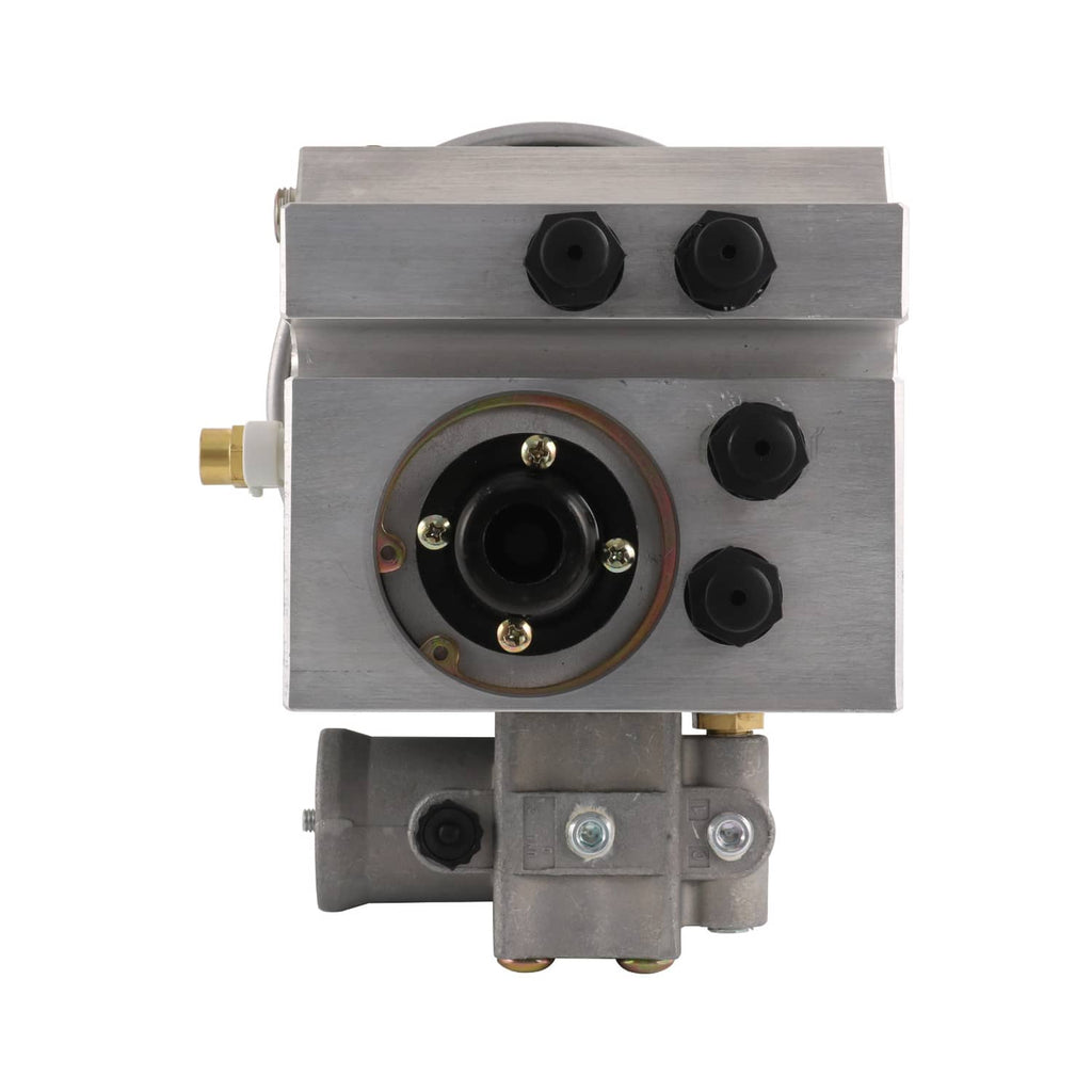 Air dryer with front circular diaphragm port and four black electrical connectors on metal plate