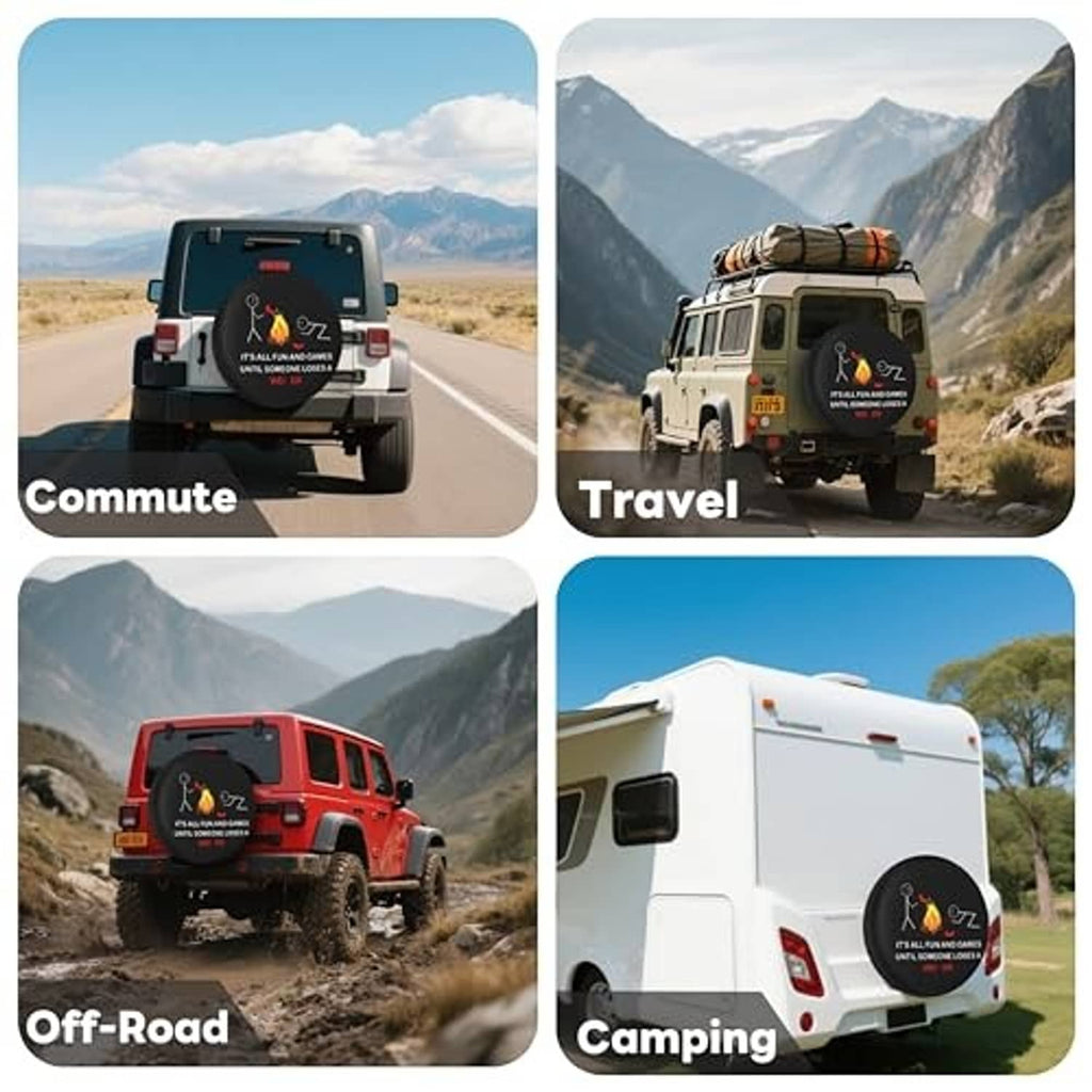Spare tire cover shown on RVs for commute, travel, off-road and camping