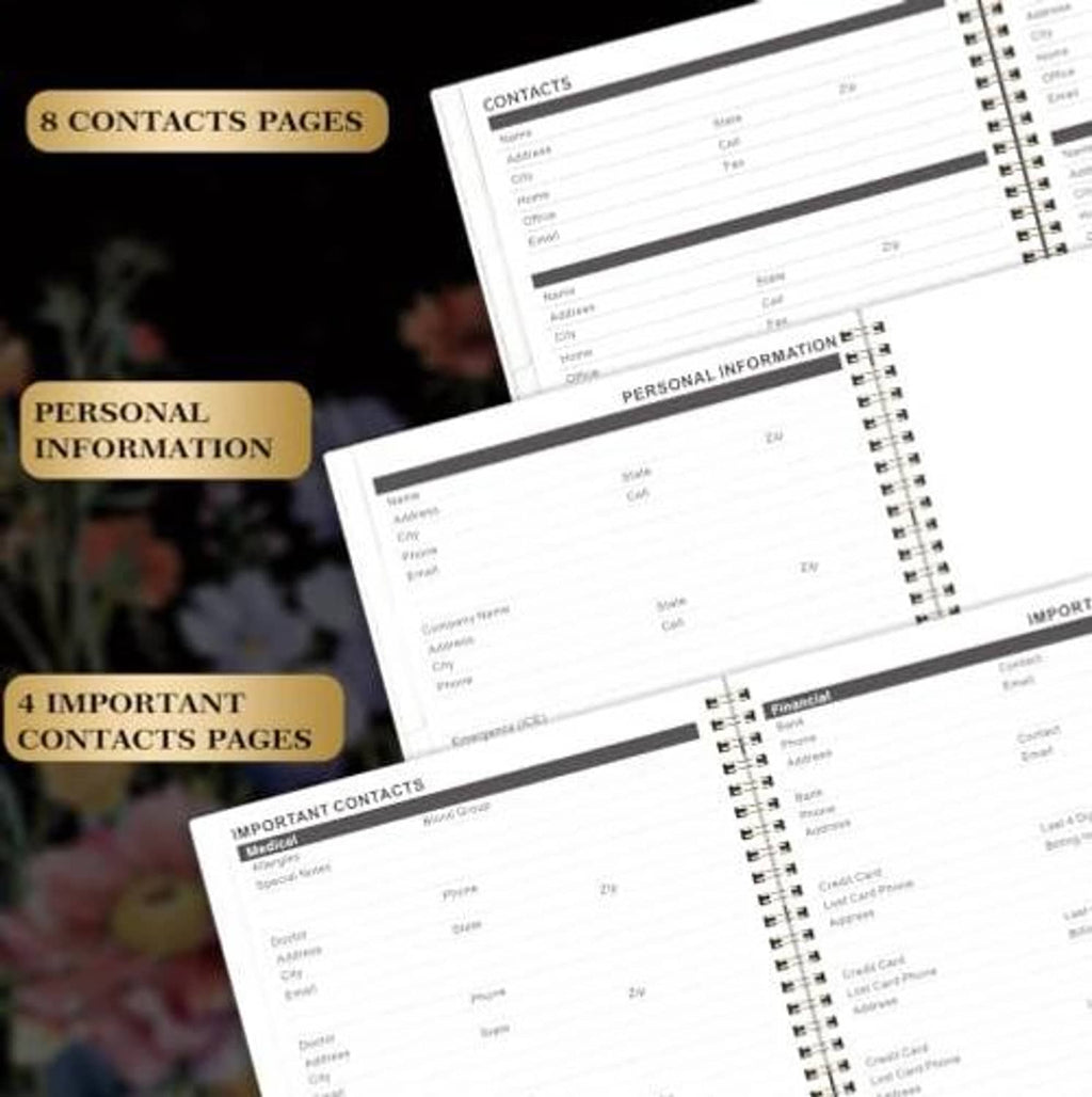 Open planner pages showing contacts and personal information sections with spiral binding