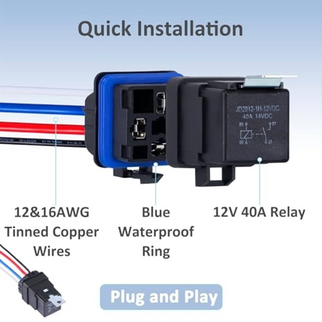 Waterproof 4-pin relay switch with blue-ring connector and black shell, plug-and-play design