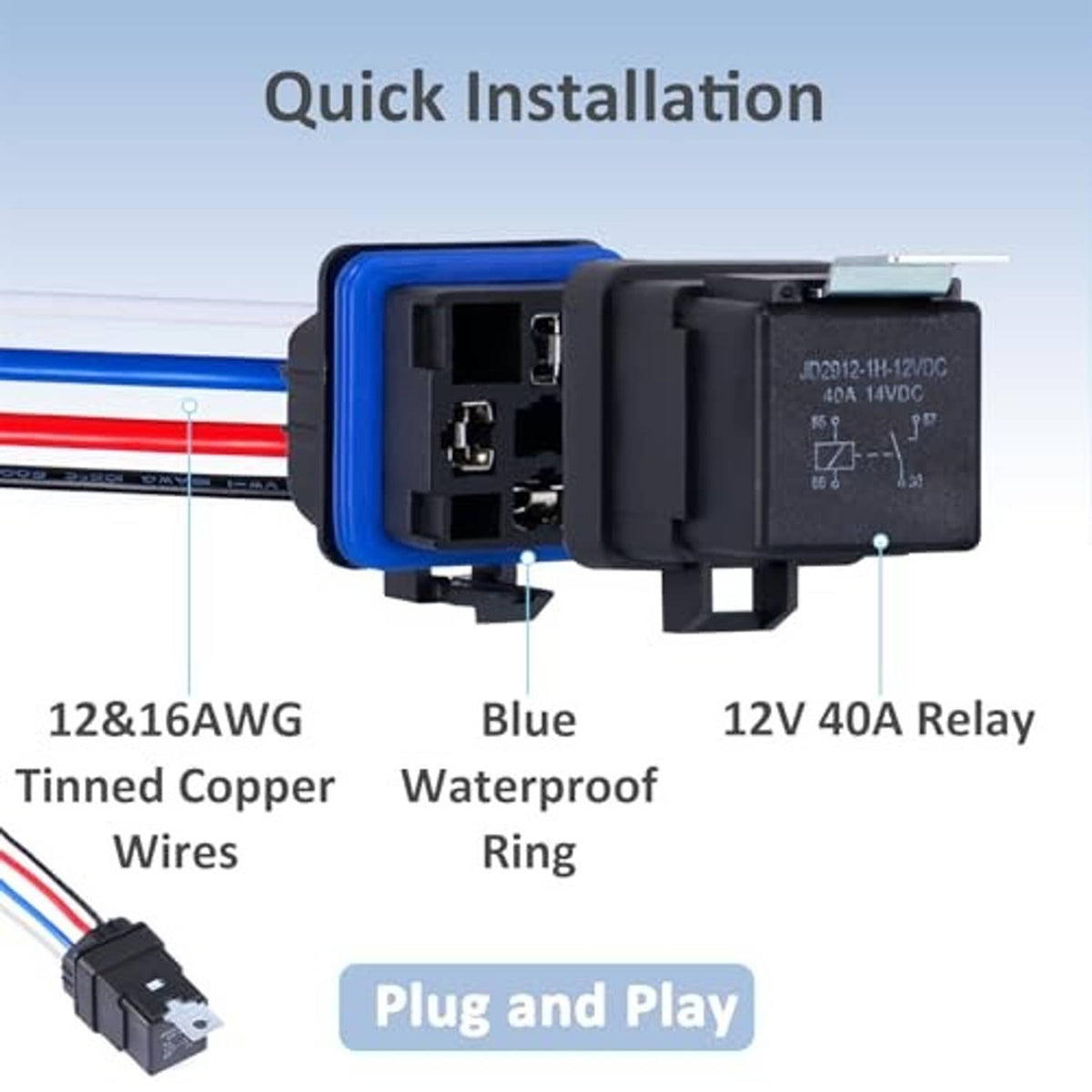 Waterproof 4-pin relay switch with blue-ring connector and black shell, plug-and-play design