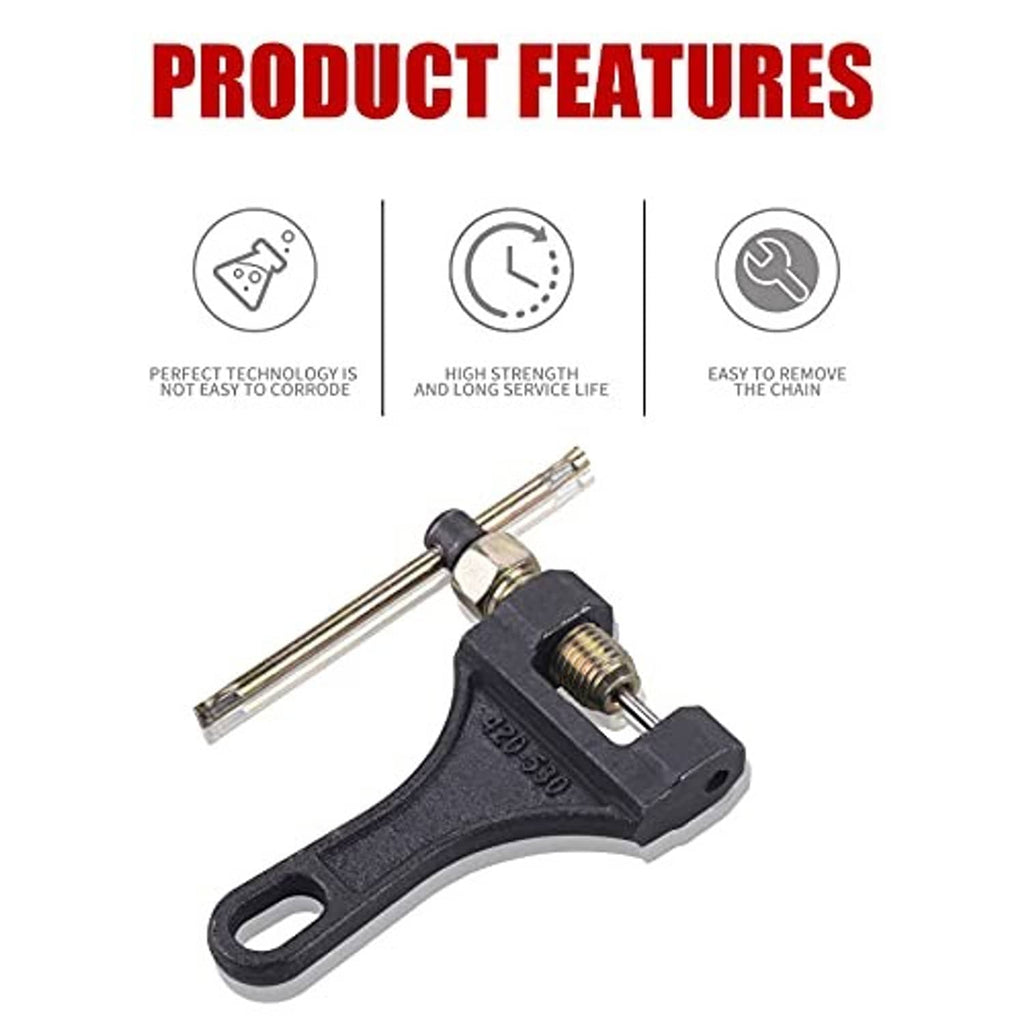 Black chain breaker tool with threaded screw, gold pins, and a curved handle