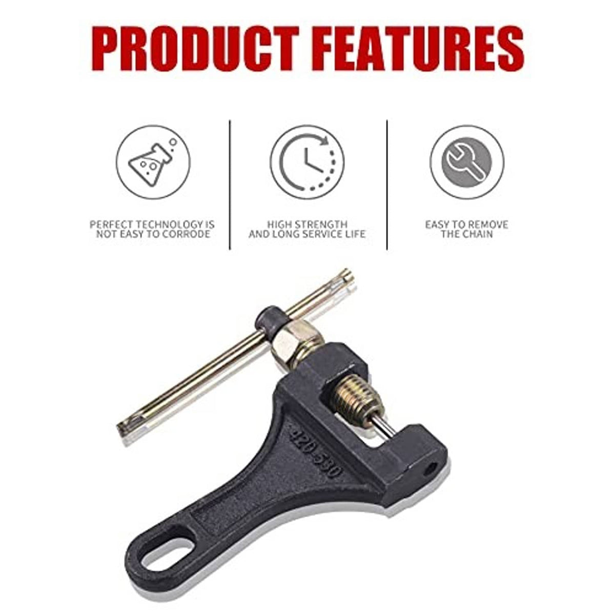 Black chain breaker tool with threaded screw, gold pins, and a curved handle