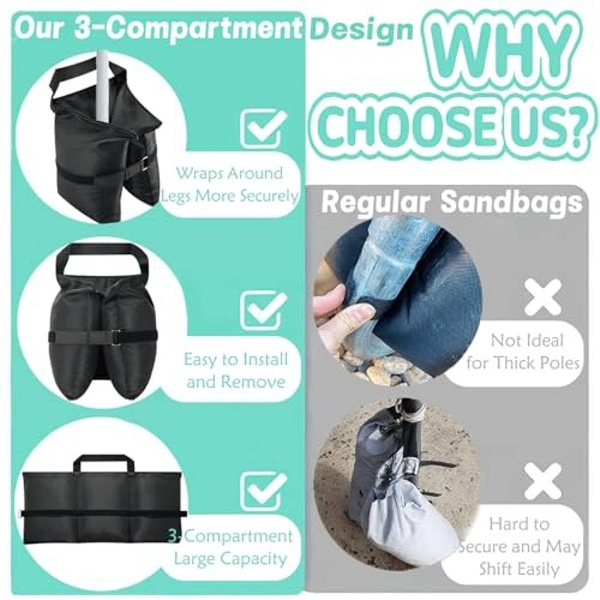 Black 3-compartment sandbag with carry handle and wrap-around leg straps