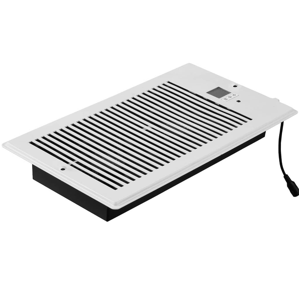 White register booster fan on tabletop with vent grille and power cord