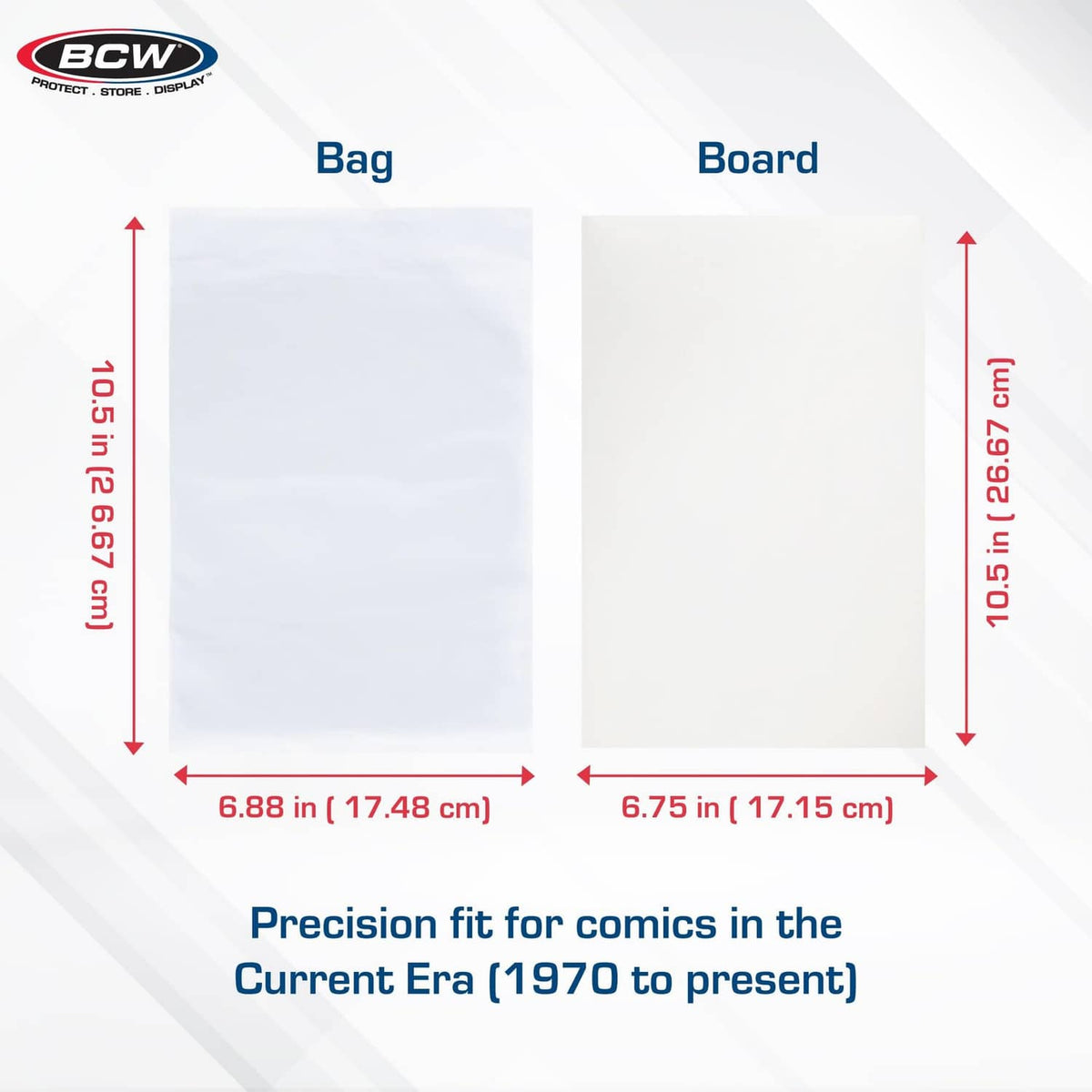 Clear polypropylene comic bag and board size diagram with height and width