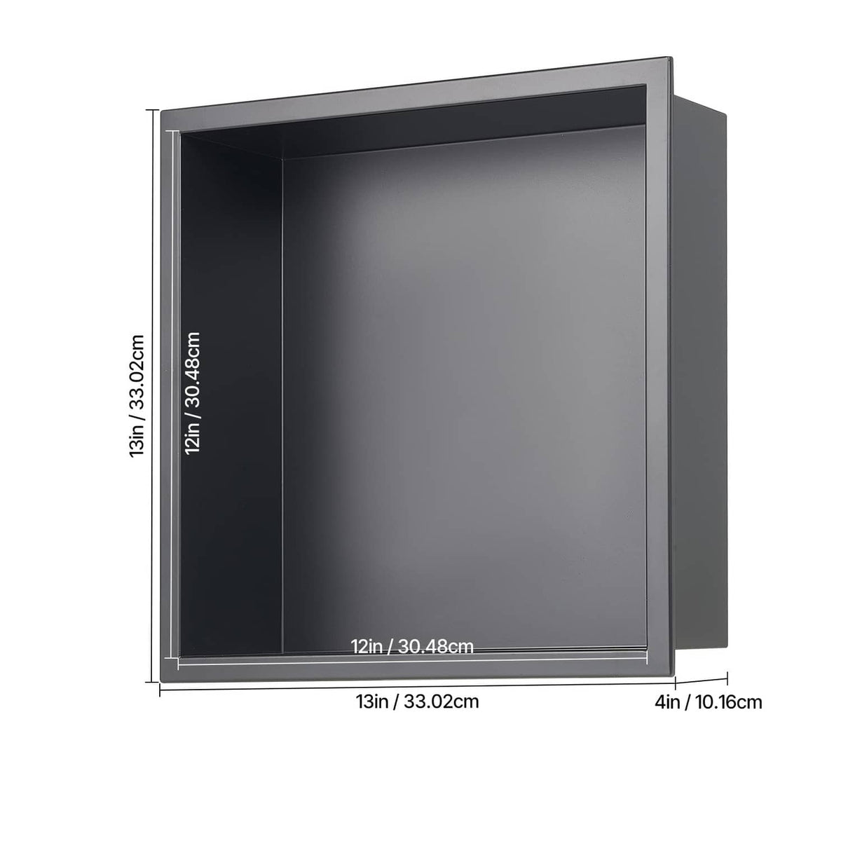 Black recessed shower niche shelf profile diagram, 13-inch wide with 4-inch depth