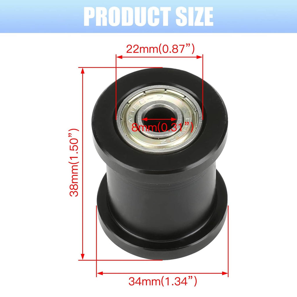 Chain tensioner size diagram with roller dimensions: 22mm and 38mm
