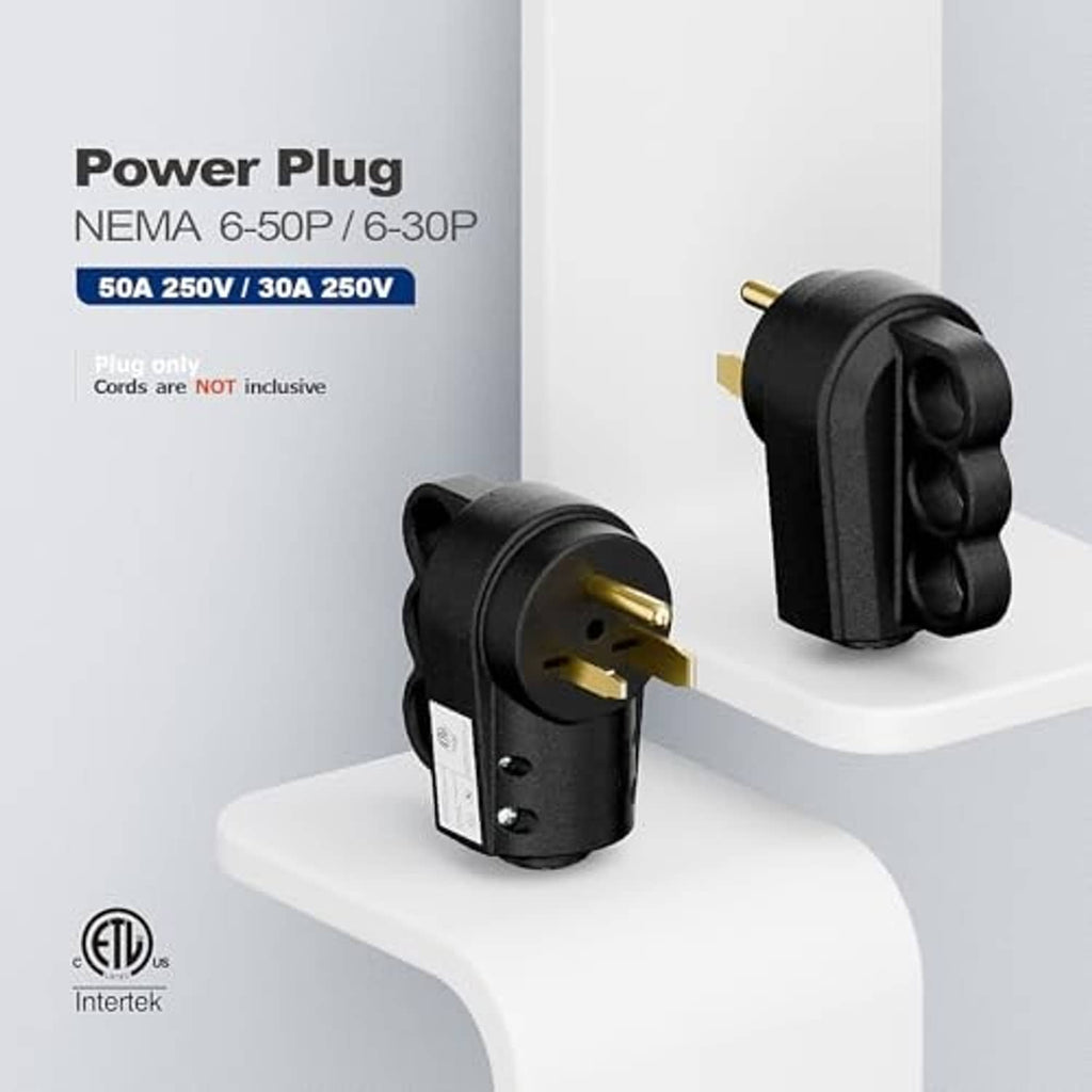 Black NEMA power plug with brass prong and grounding contact for welding outlets
