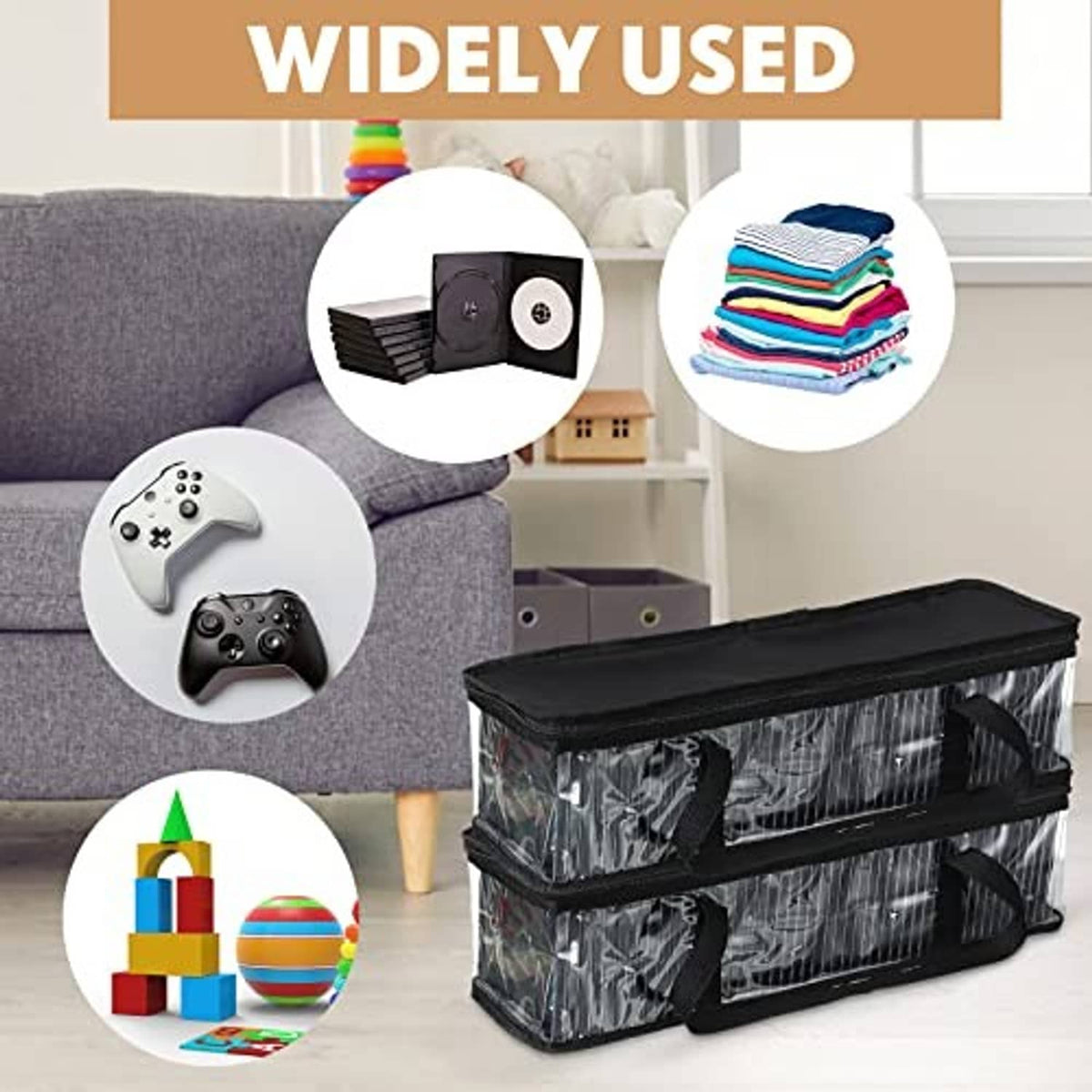 Stackable black CD storage cases with clear PVC fronts and rainbow-striped side panels