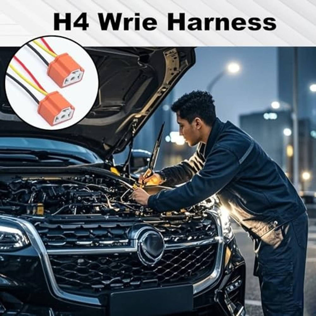 H4 wire harness pigtail connected near a car headlight in the engine bay