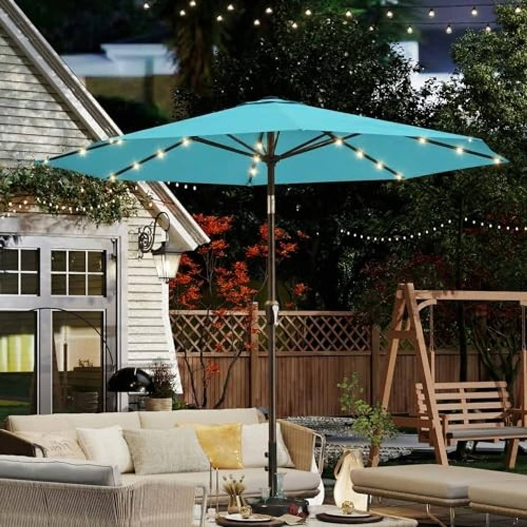 Sky blue patio LED umbrella with light strings along the canopy ribs