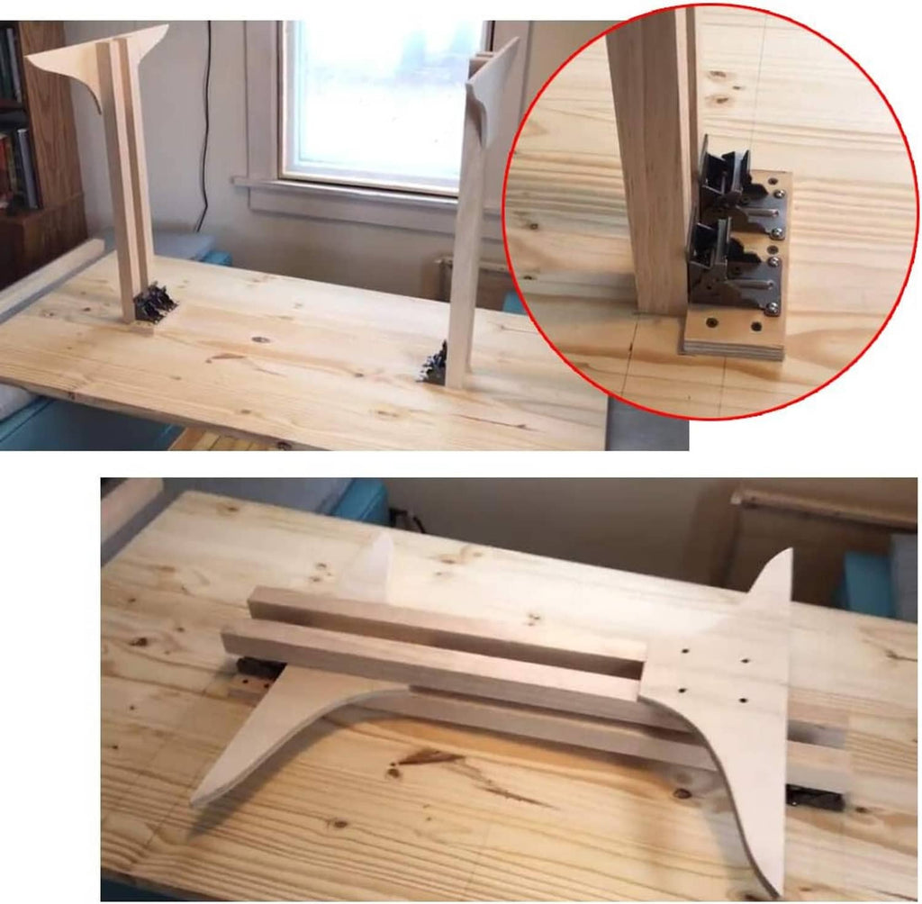 Installed table leg folding hinge bracket on wooden tabletop edge