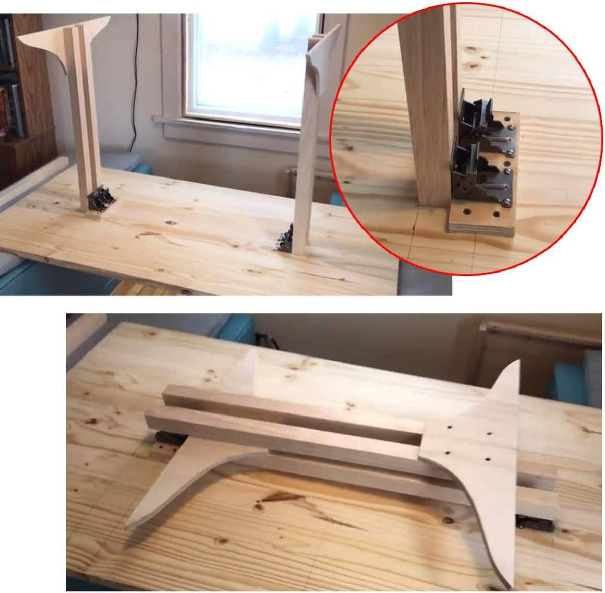Installed table leg folding hinge bracket on wooden tabletop edge