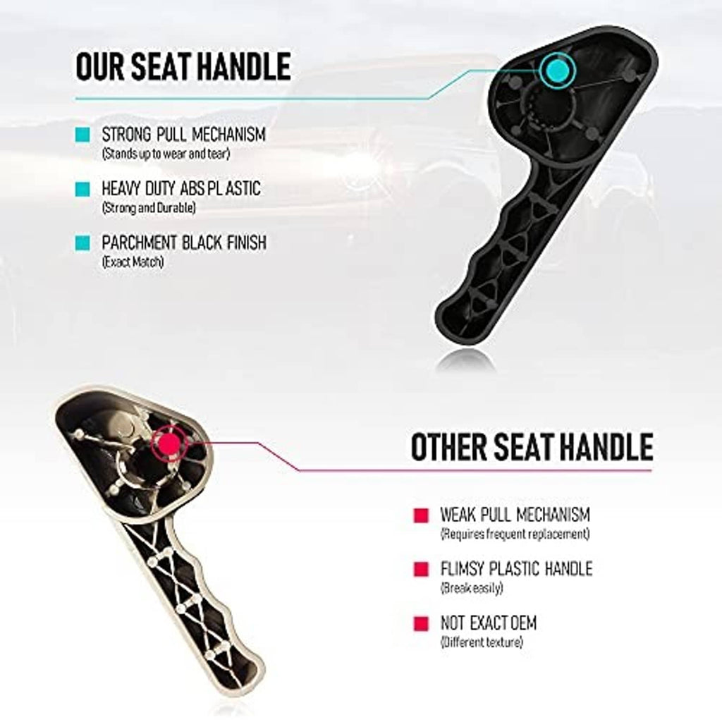 Black seat adjuster handle with open underside and circular mounting boss
