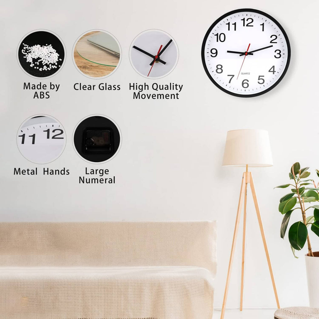 Black wall clock with white face, black numerals, and red second hand.