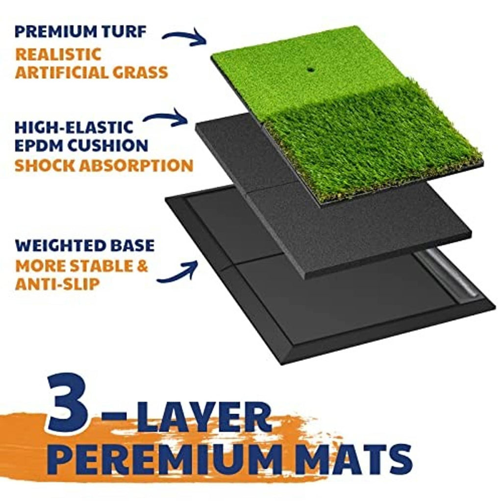 Three-layer foldable golf hitting mat with green turf, elastic cushion, and weighted rubber base