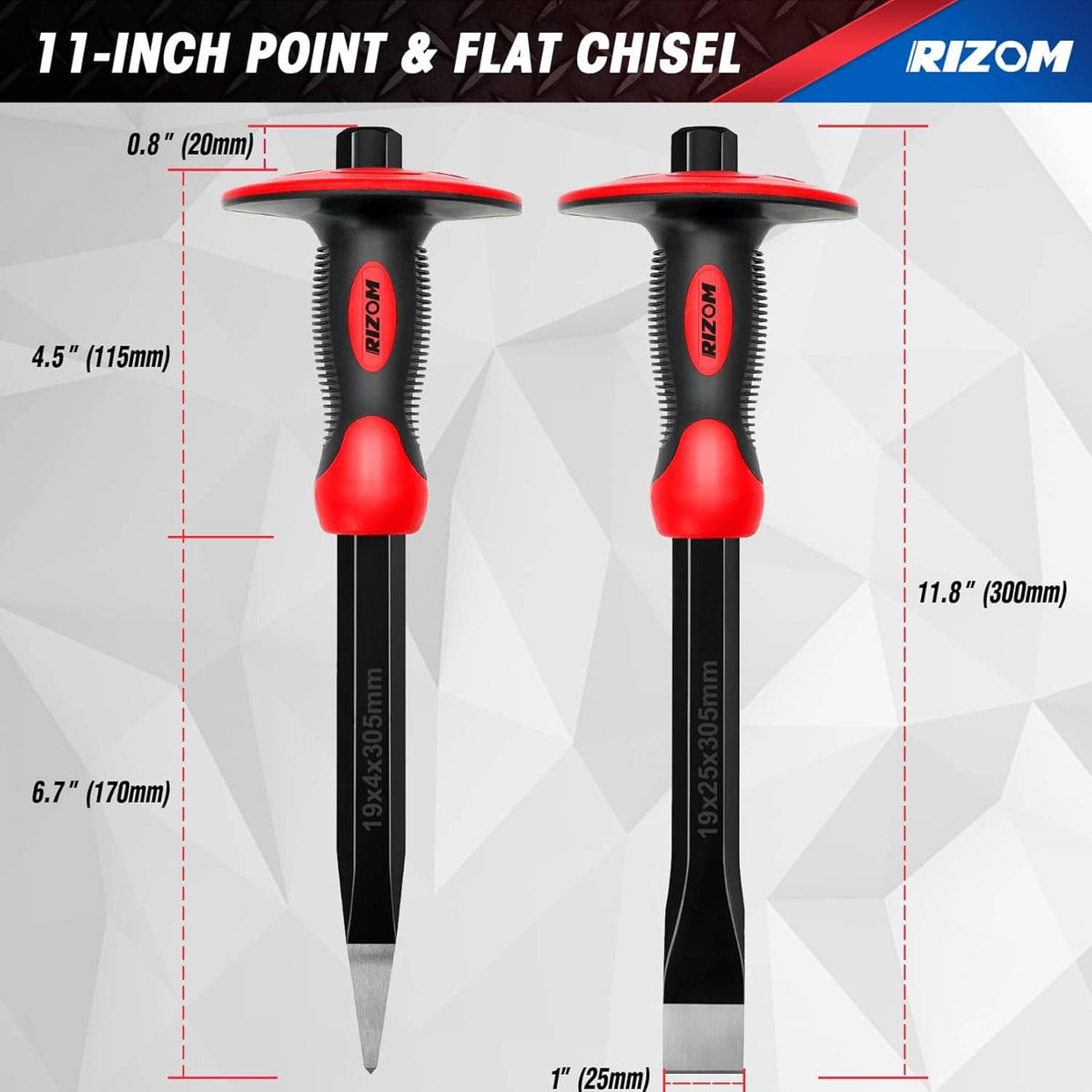 Point and flat masonry chisels with red tops and black shafts