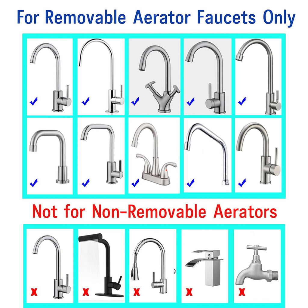 Removable faucet aerator adapters set with checkmarks and X indicators