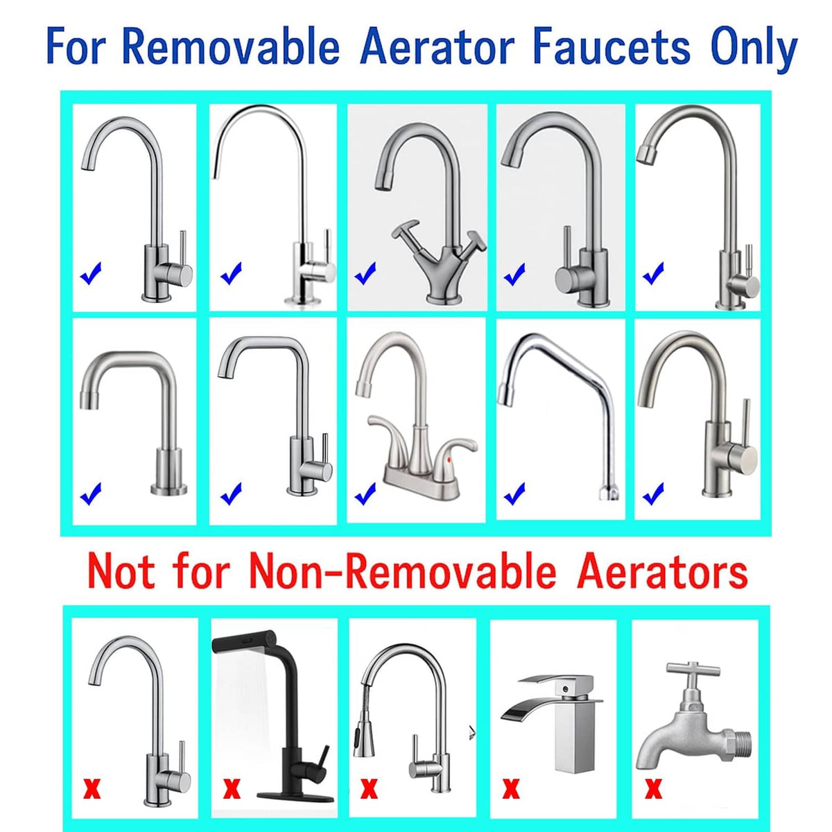 Removable faucet aerator adapters set with checkmarks and X indicators