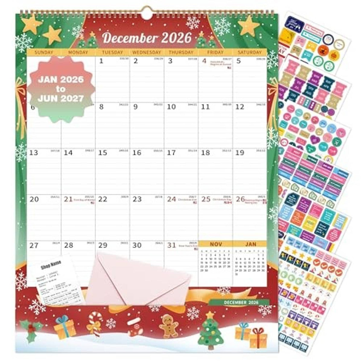 Wall calendar with storage pocket and sticker sheets beside the spiral-bound planner
