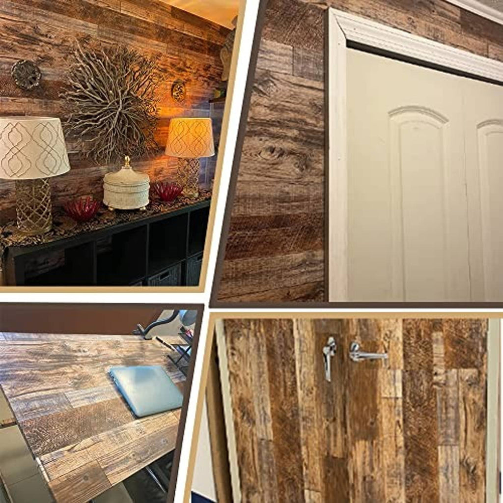 Shiplap wood wallpaper shown in multiple room views, weathered brown plank boards
