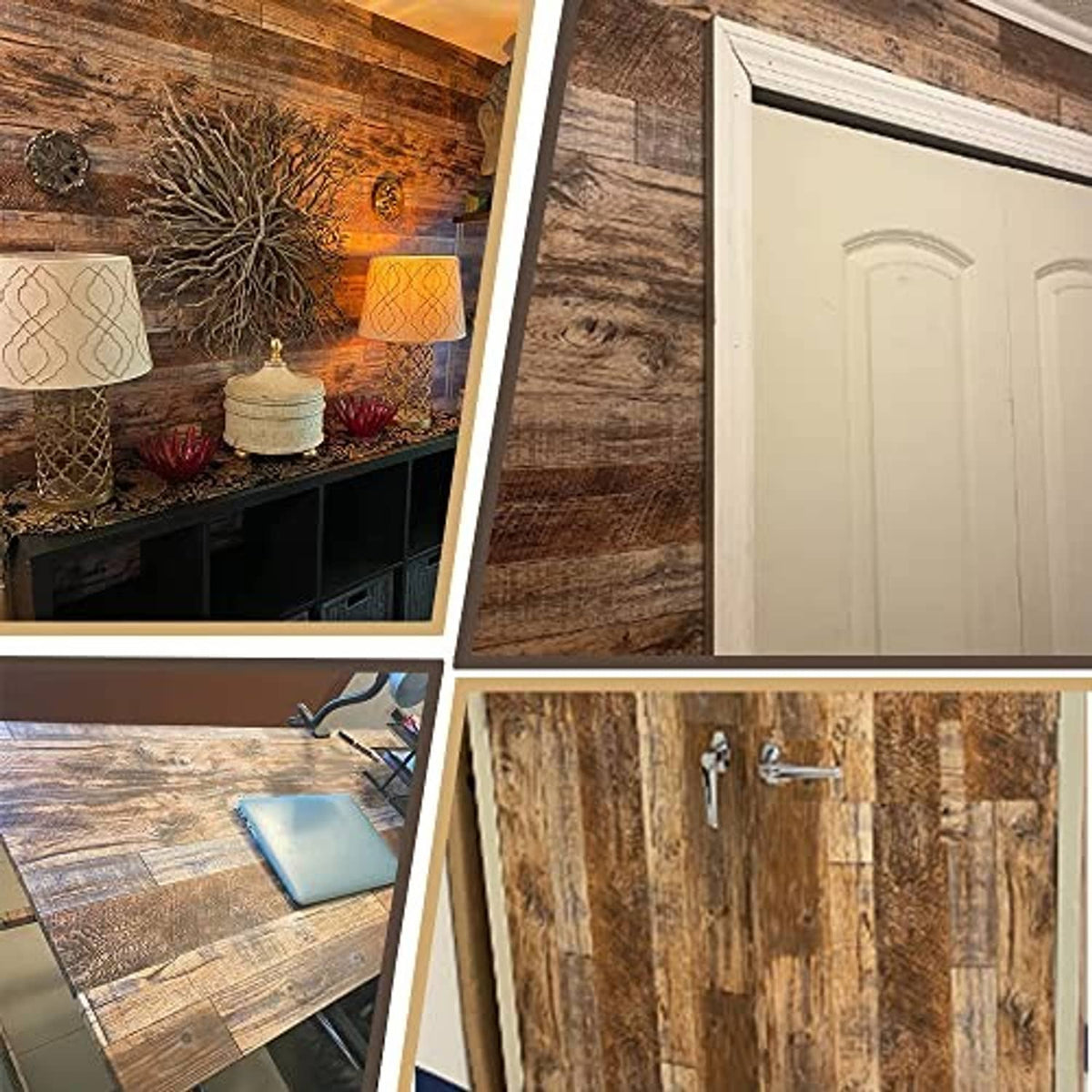 Shiplap wood wallpaper shown in multiple room views, weathered brown plank boards
